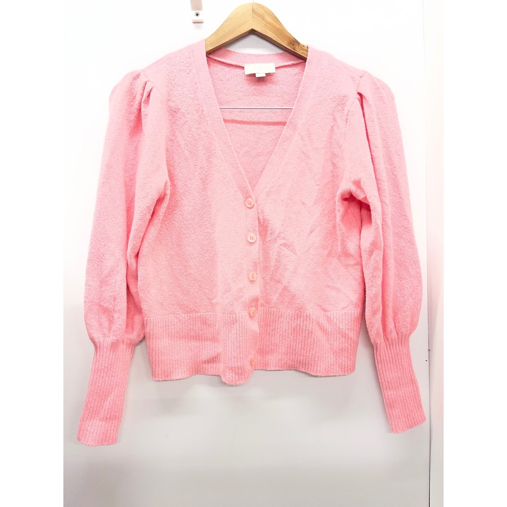 Loft Outlet Pink Puff Sleeve V-Neck Cardigan Sweater Medium Long Ribbed Cuffs